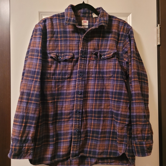 Levi's Relaxed Fit Flannel Shirt Adult Sz M Brown Blue Plaid Heavyweight Grunge - Picture 2 of 5